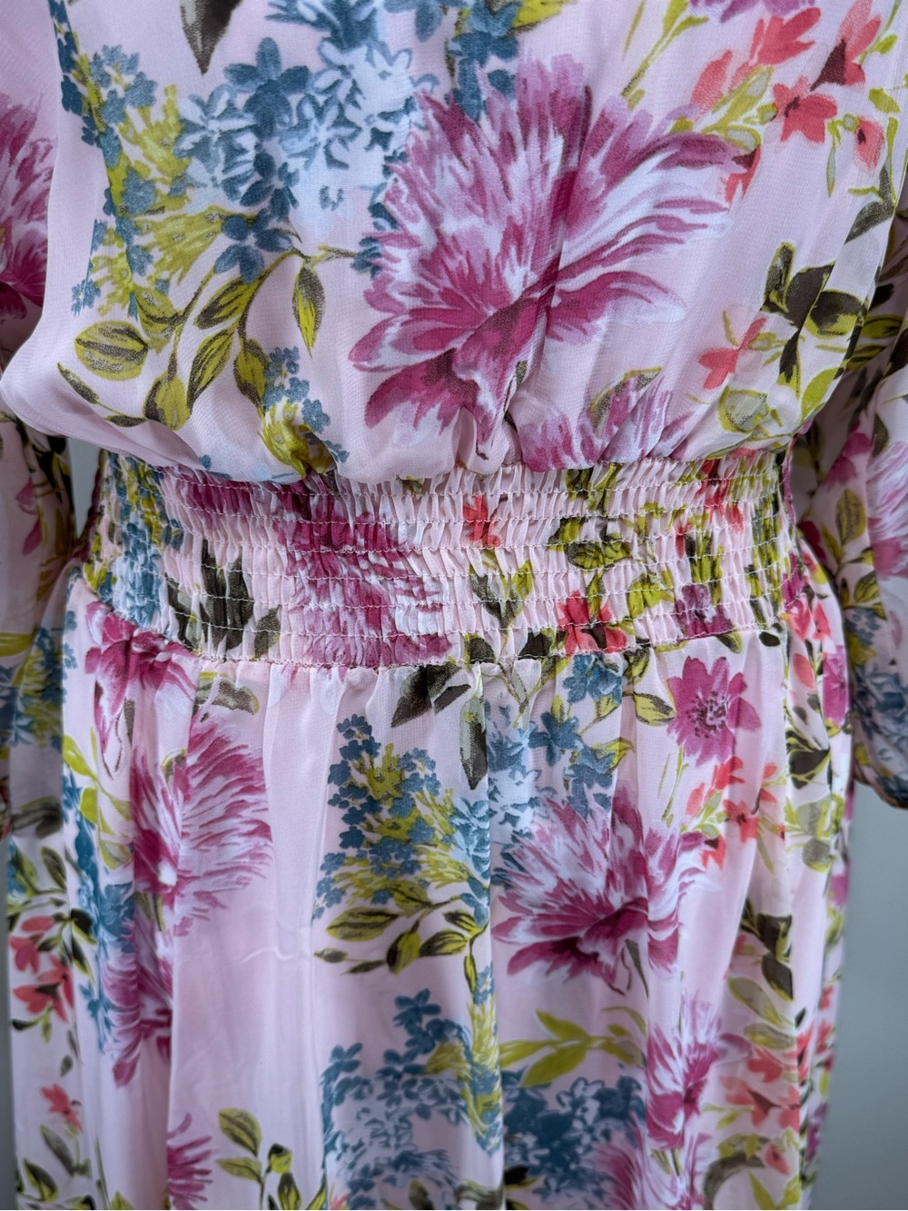 Kate & Lily Pink Floral Watercolor Chiffon Overlay Dress Sheer Sleeves Size 12 - Picture 9 of 11